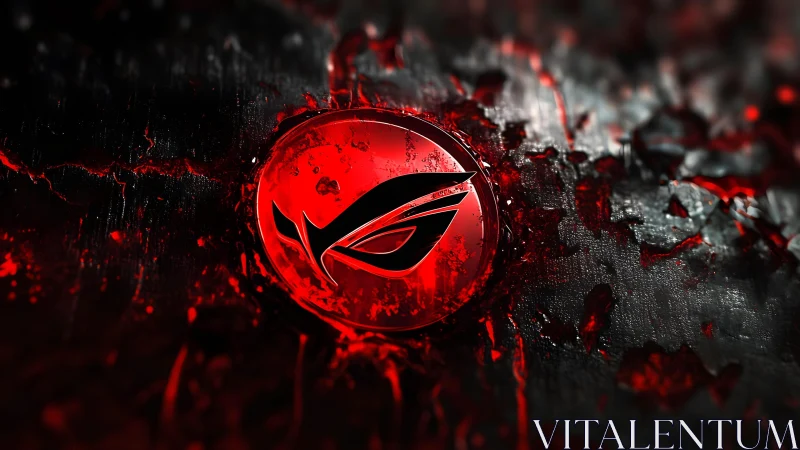 Futuristic red and black ROG logo in dramatic digital art style.
