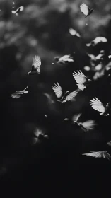 Birds in Flight Against Dark Sky. Monochromatic Movement.