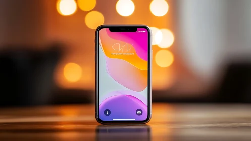 Smartphone with gradient display against bokeh background