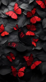 Red butterflies drifting like sparks over midnight leaves.
