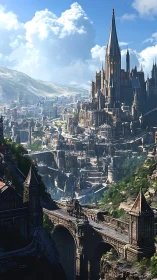Vertical gothic citadel dominates sprawling sunlit valley city