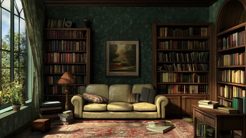Digital study library interior with warm cinematic lighting.