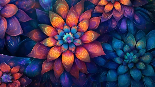 Multilayer fractal floral rosettes in luminous neon palette