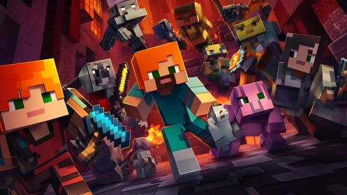 Voxel adventurers in dynamic dungeon combat tableau.