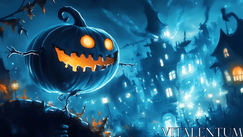 Cackling moonlit pumpkin stalks a haunted neon village.