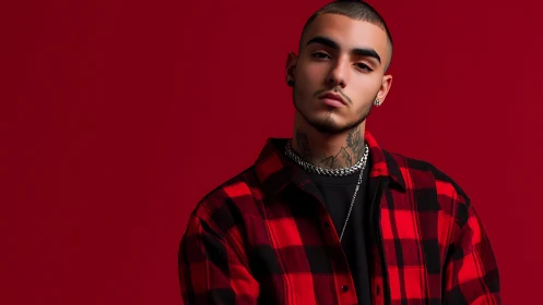 Cool tattooed guy in red flannel sharing relaxed confidence.