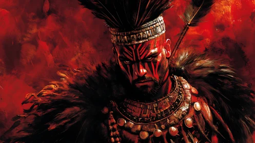 Warrior shaman stares through red storm of ritual fire.