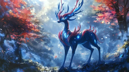 Bioluminescent stag stands in ethereal misted forest glade