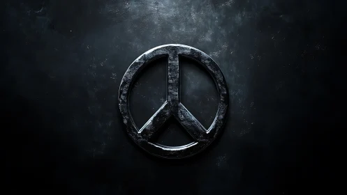 Metallic peace symbol on dark textured background surface.