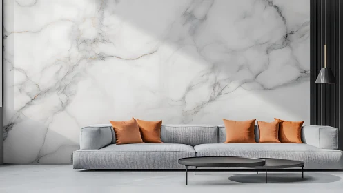 Marble-cloud lounge with ember cushions and shadowed calm.