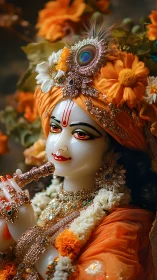 High-detail Krishna deity statue with ornate floral adornment