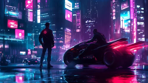 Neon rain showdown between lone rider and chrome-lit driver.