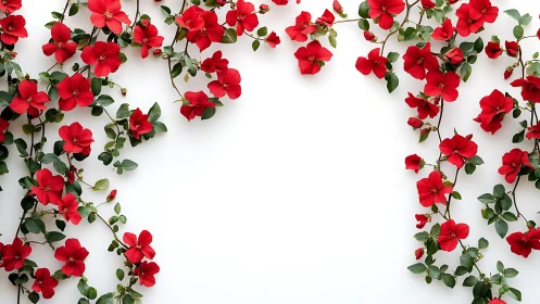 Red climbing flowers with green foliage arranged on white background.