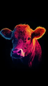 Neon colored cow portrait on deep black background.