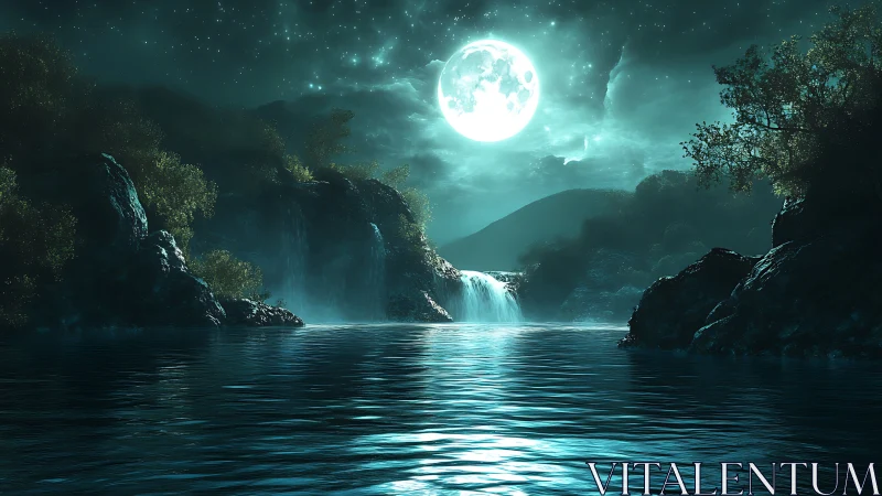 Moonlit waterfall lagoon dreaming in teal-tinted hush.
