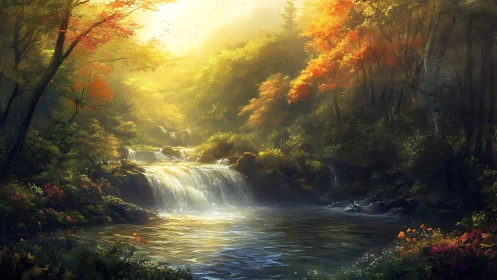 Sunlit autumn waterfall nestled in a quiet forest hollow.