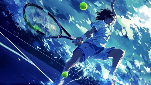 Dynamic anime tennis player leaps into powerful overhead smash