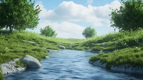 Sunlit meadow stream quietly rehearses a summer afternoon