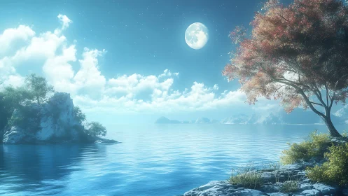 Lunar-illuminated coastal lake with rocky islets and autumn tree