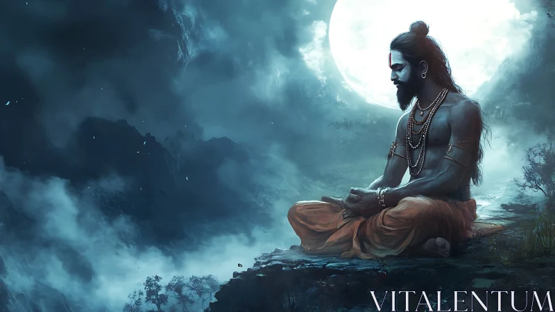 Meditative figure on rocky ledge under large full moon.