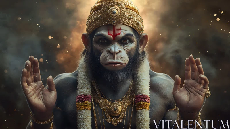 Simian deity figure in ornate gold regalia, frontal view.