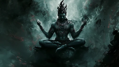 Storm-lit cosmic yogi poised in swirling celestial dusk.