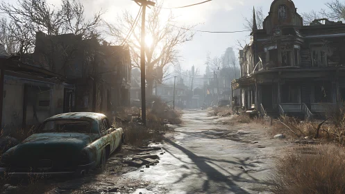 Sun-bitten ruins and rusted sedan on a forsaken street.