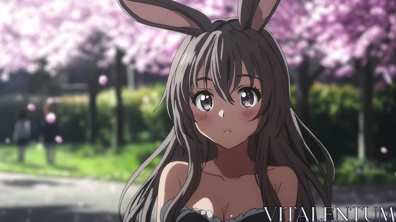 Bunny girl stands beneath soft pink spring blossoms. Period.