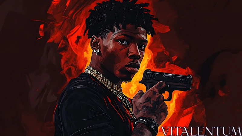 Stylized portrait of man with handgun in fiery backdrop.