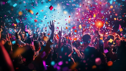 Joyful crowd dancing under swirling confetti and color.
