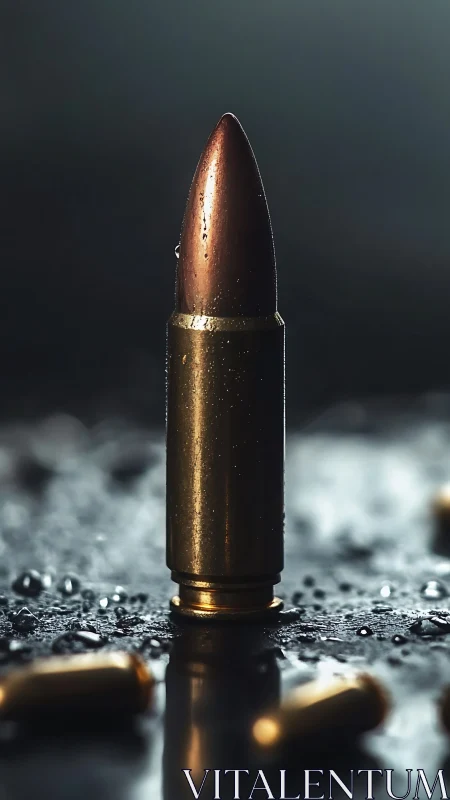 Single upright bullet glistens on wet dark surface in focus.