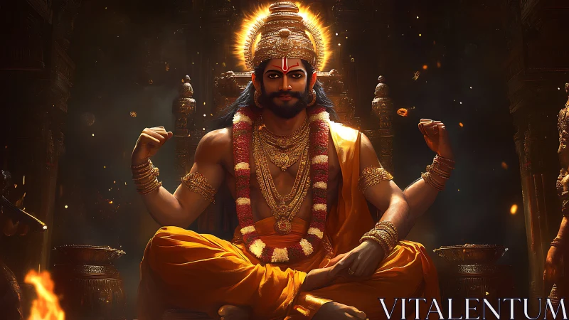 Divine four-armed deity rendered with volumetric lighting and fire bloom