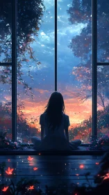 Silent dusk watcher under a flowering, star-swept sky.