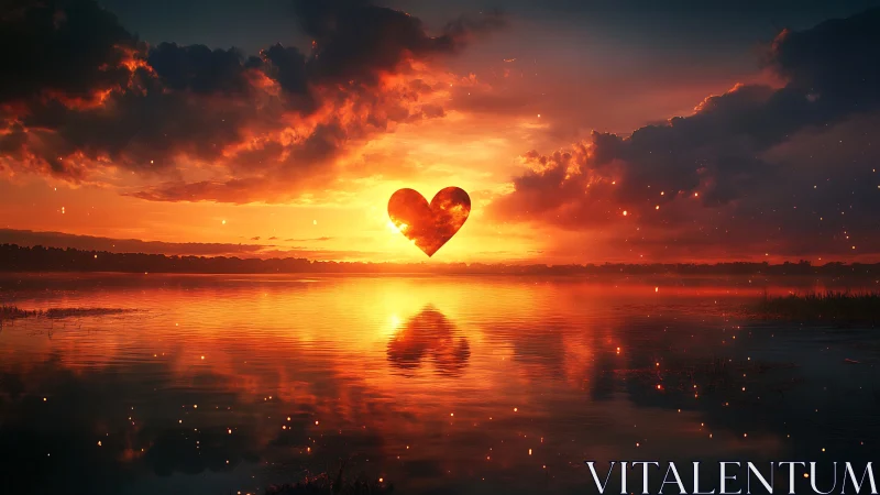 Luminescent Heart Silhouette Reflected in Tranquil Sunset Water.