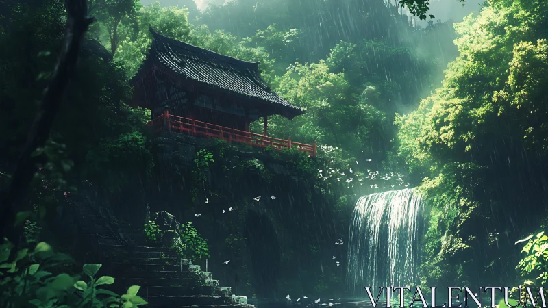 Rain-washed shrine above a luminous forest waterfall.