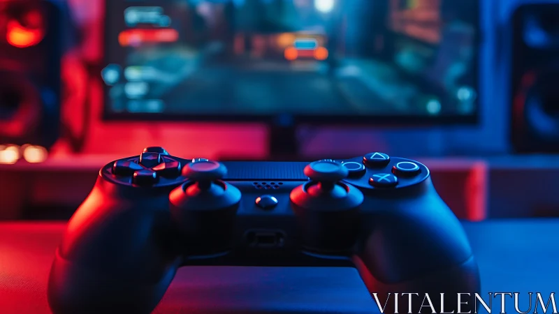 Dual-stick game controller under neon bokeh lighting.