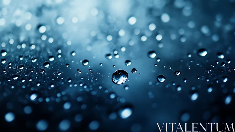 Glistening water droplets drift in serene blue bokeh light