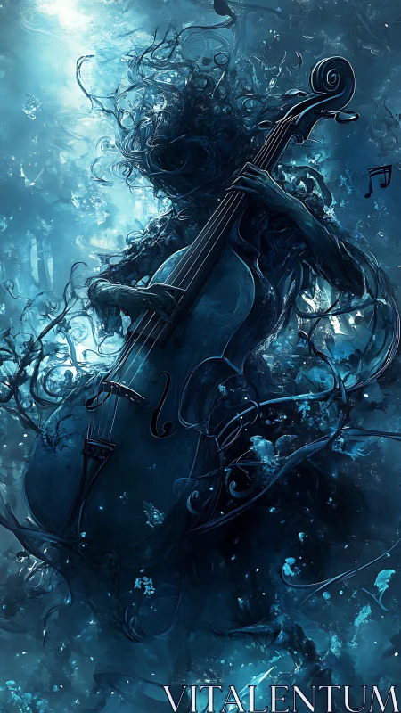 Silhouetted figure plays cello amid abstract aquatic forms