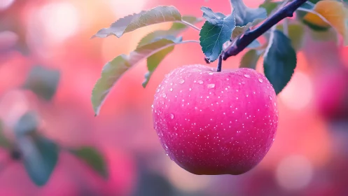 Macro study of dew-laden pink apple under shallow depth field.