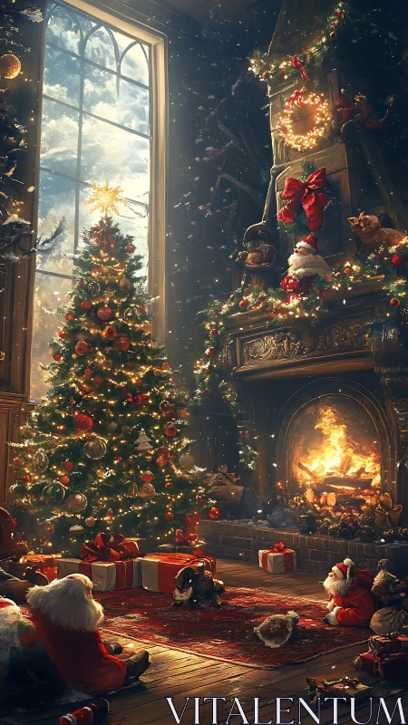 Golden Christmas hearth glows beside a snowy window