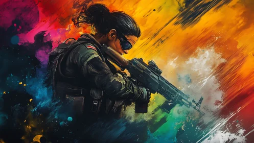 Storm of color cradles a focused soldier in painterly motion