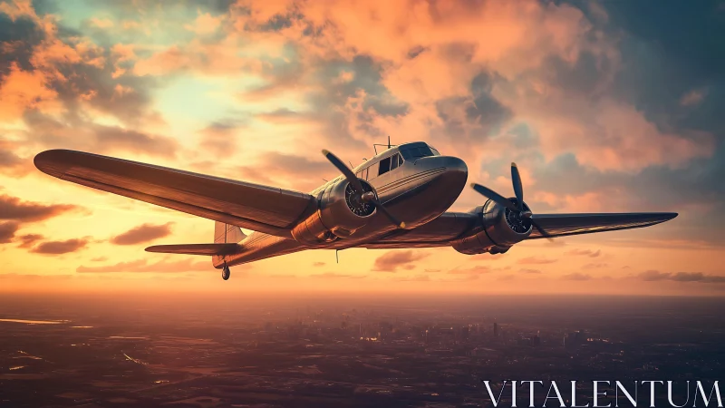 Vintage twin engine propeller airplane flies over city at dusk