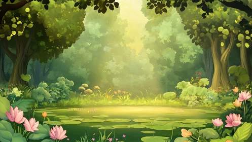 Forest glade with pond and flowering plants illuminated by diffuse light.