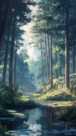 Forest Stream with Tall Trees and Filtered Sunlight.