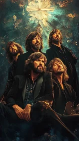 Multiple male portraits in stylized teal and gold setting.