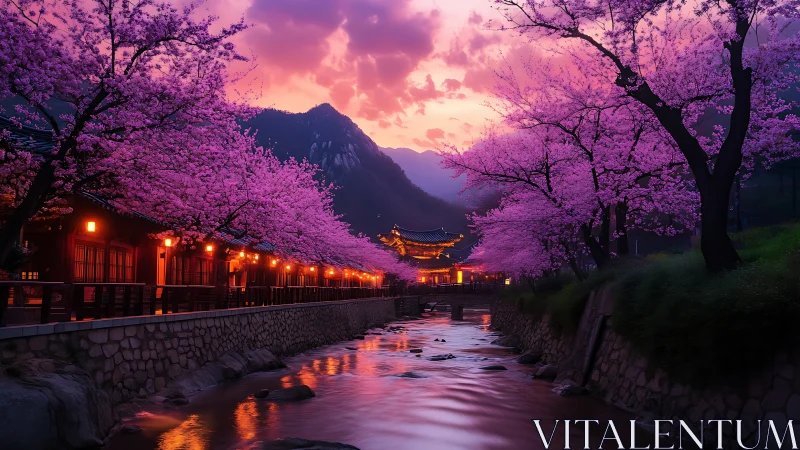 Cherry blossoms over lanternlit river and temple at dusk.
