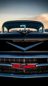 Iconic classic Chevrolet grille under golden sunset light.