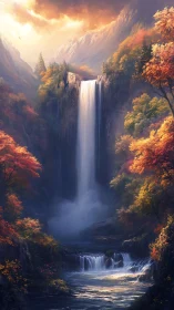 Golden autumn waterfall cascades through misty mountains.