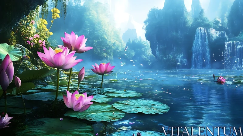 Lotus lagoon glows under misty waterfalls and blue light.