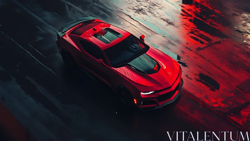 Red sports coupe on wet urban street at dramatic dusk.